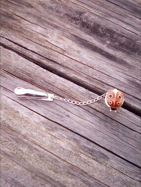 Vintage Red Enamel Ladybug Tie Tack Lapel Pin Safety Chain Sterling Clip 🐞